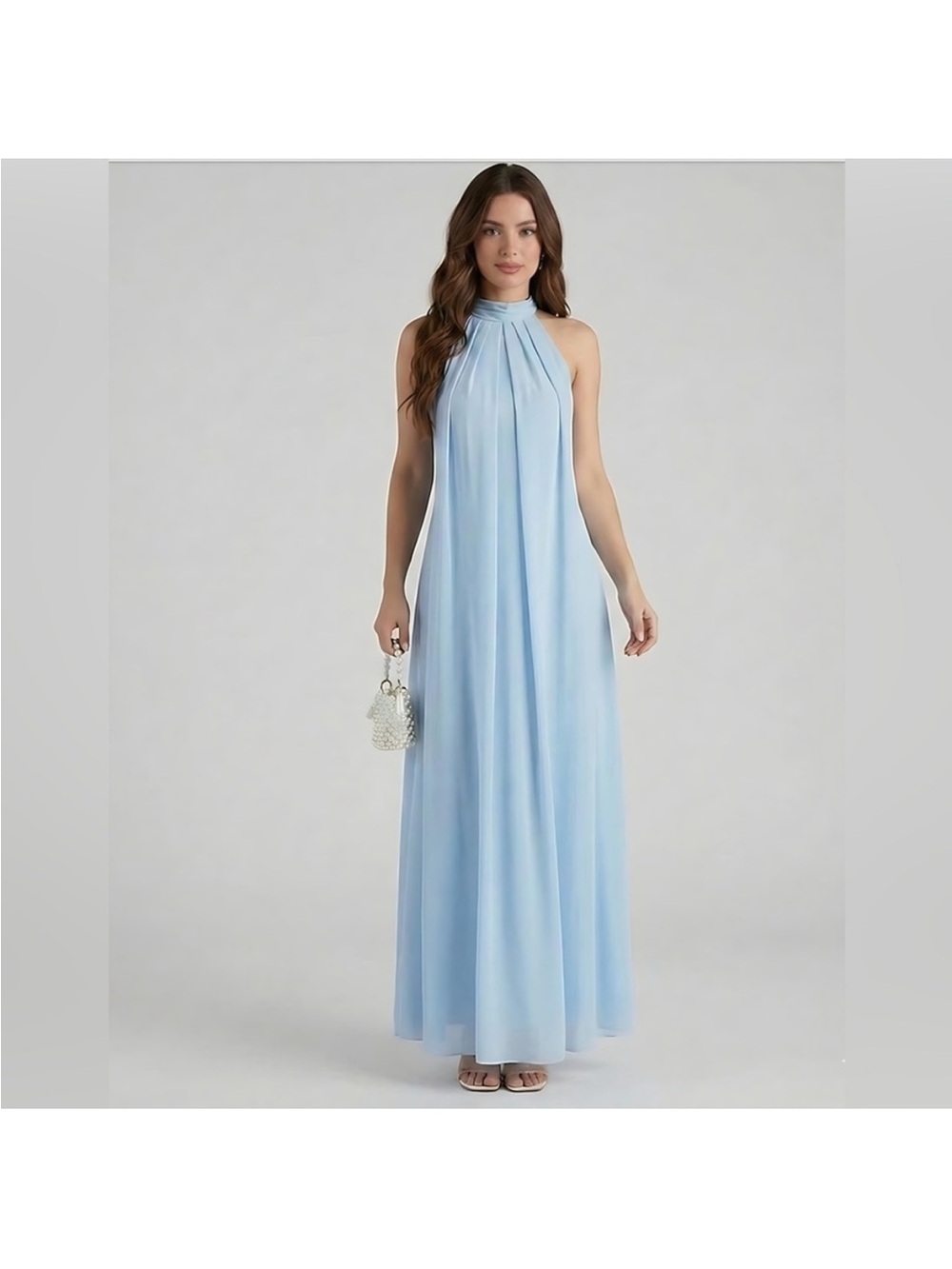 Light Blue Halter Neck Maxi Dress - Elegant Evening Gown